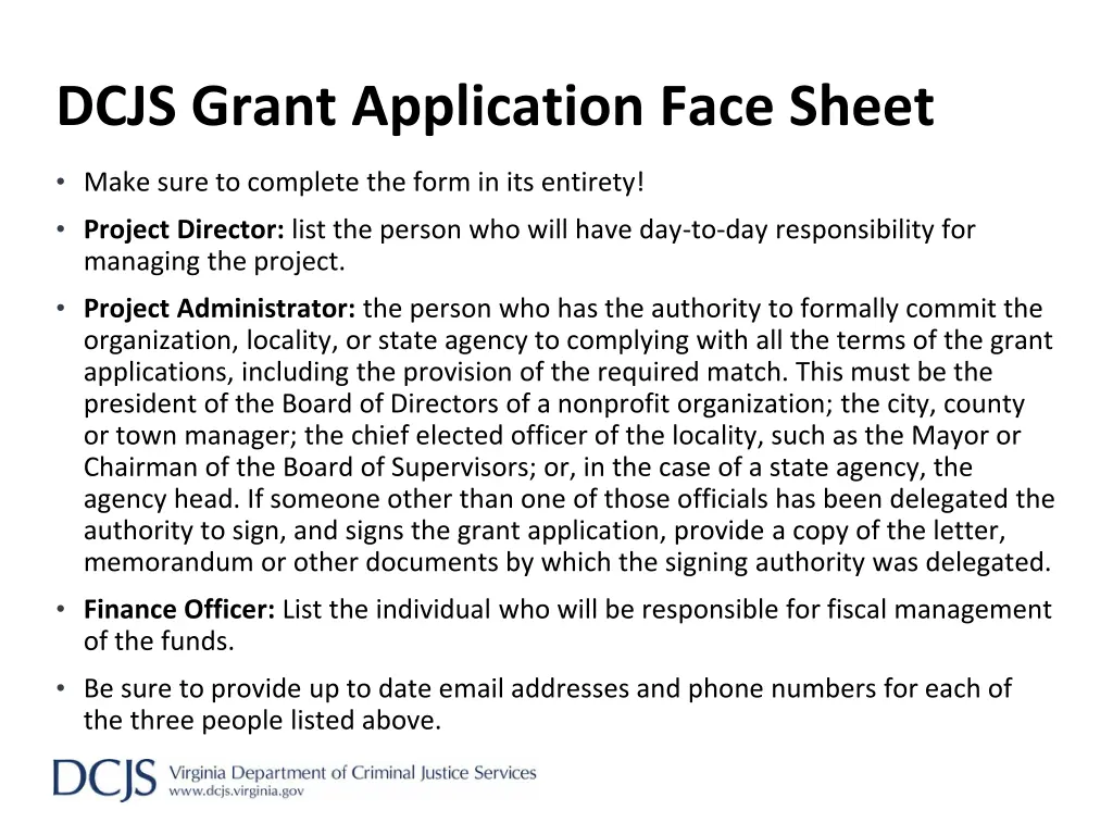 dcjs grant application face sheet