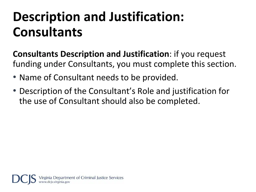 description and justification consultants