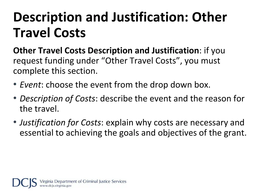 description and justification other travel costs