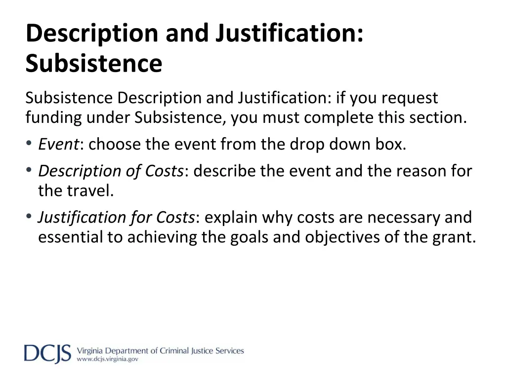 description and justification subsistence