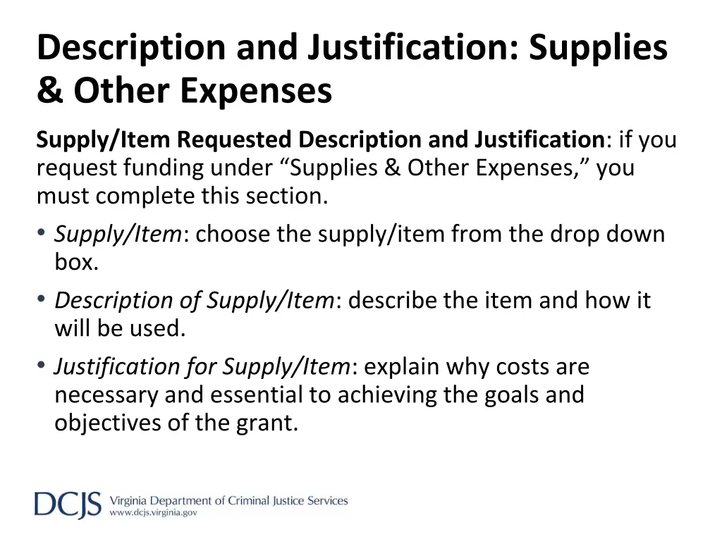 description and justification supplies other