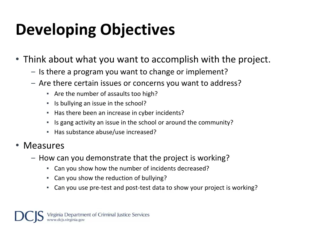 developing objectives