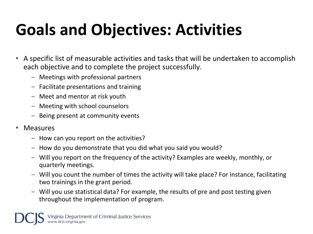 goals and objectives activities
