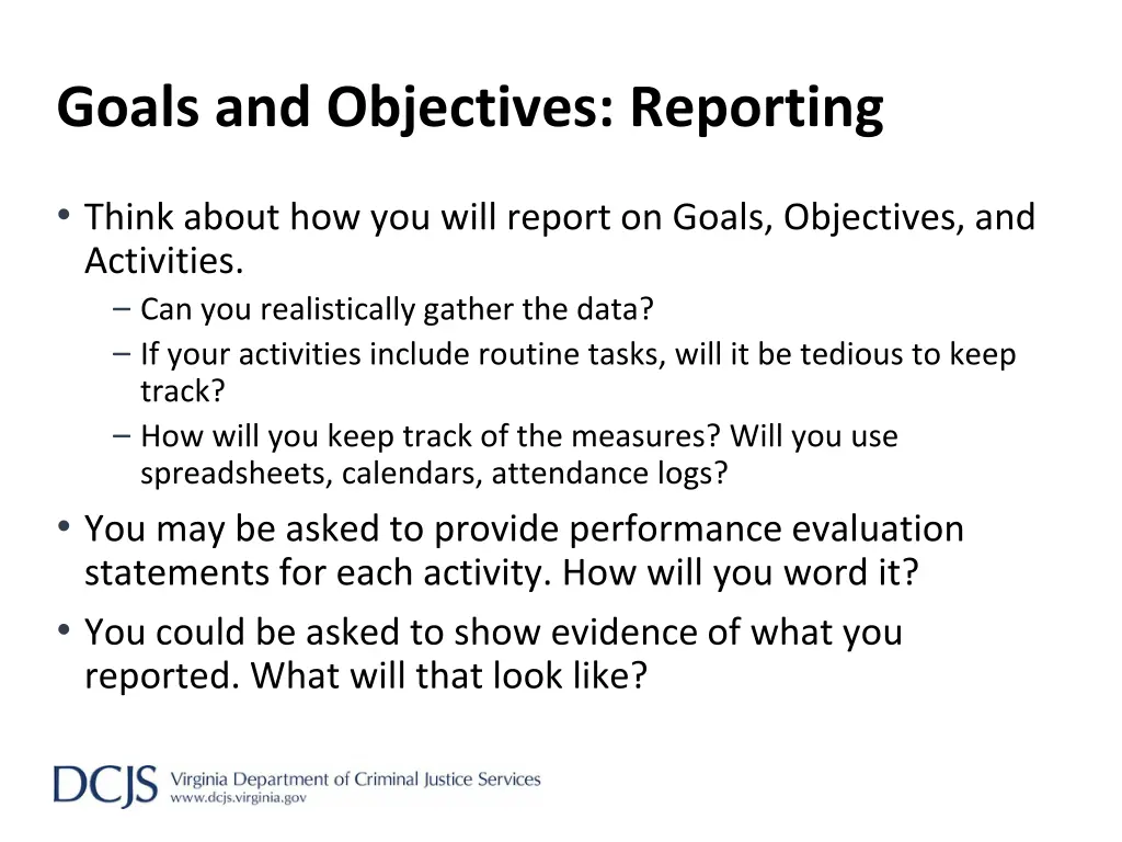 goals and objectives reporting