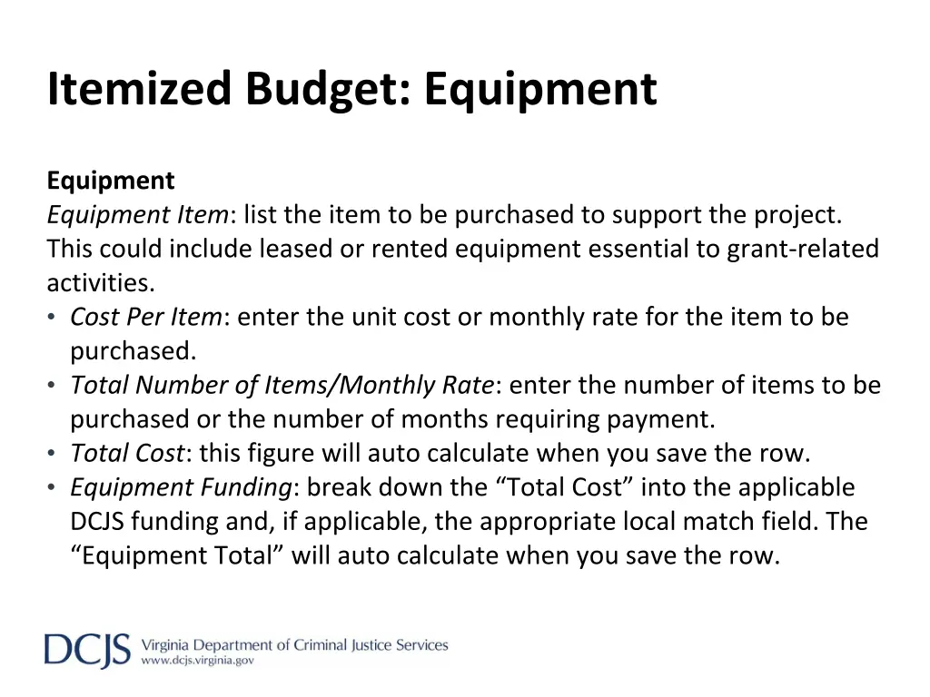 itemized budget equipment