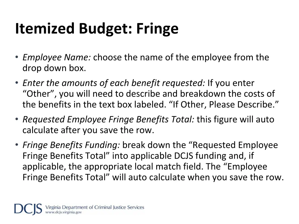 itemized budget fringe