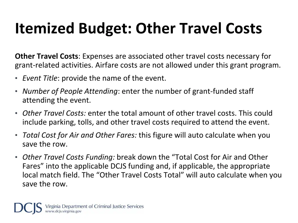 itemized budget other travel costs