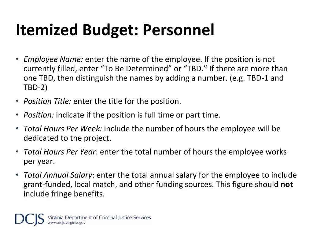 itemized budget personnel