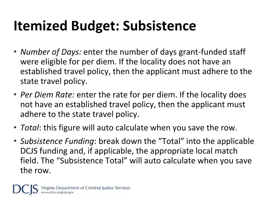 itemized budget subsistence 1