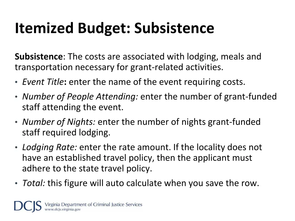 itemized budget subsistence