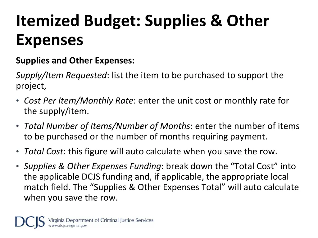 itemized budget supplies other expenses