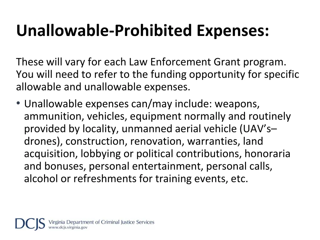 unallowable prohibited expenses