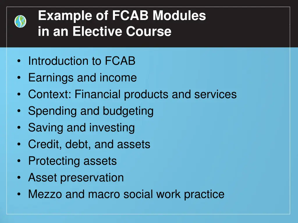 example of fcab modules in an elective course