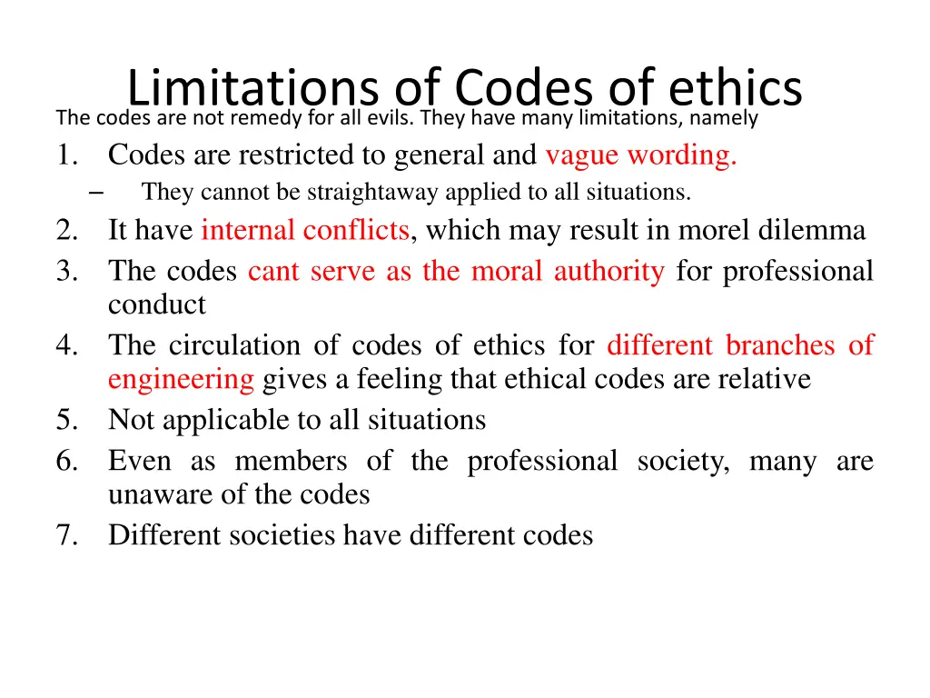 limitations of codes of ethics the codes