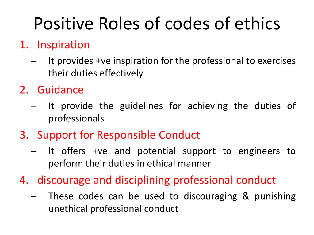 positive roles of codes of ethics 1 inspiration
