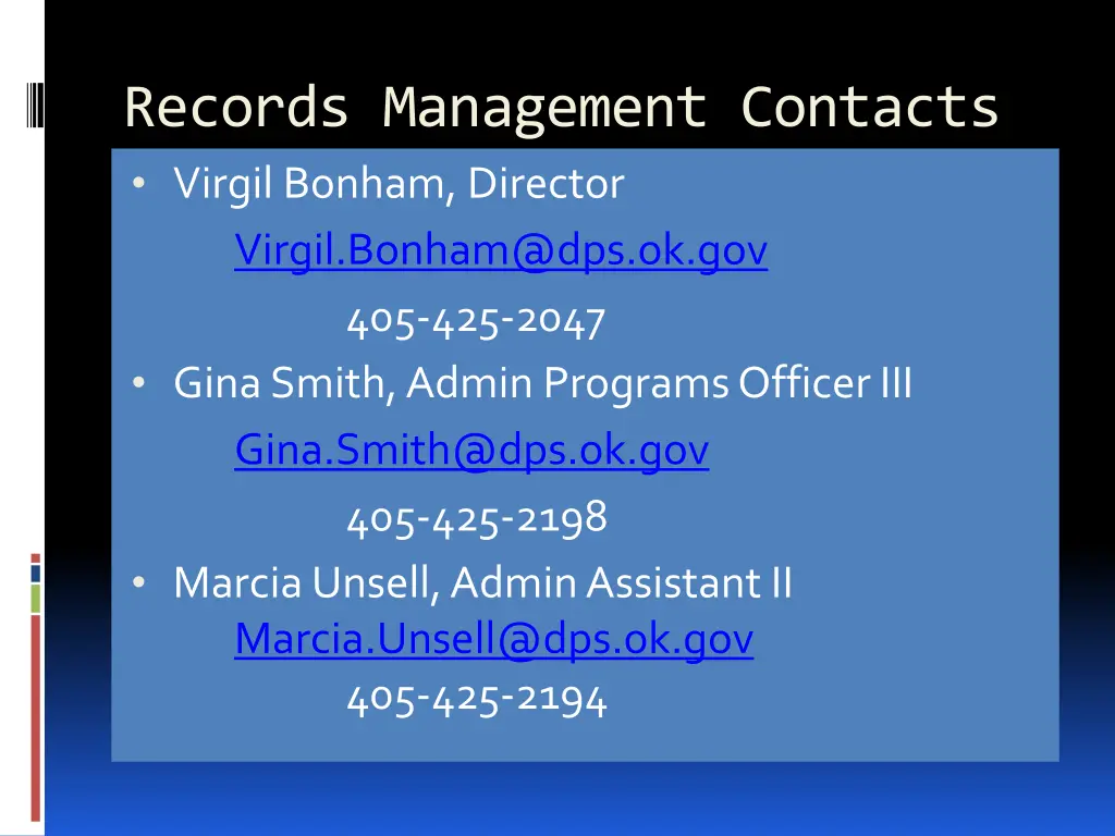 records management contacts virgil bonham