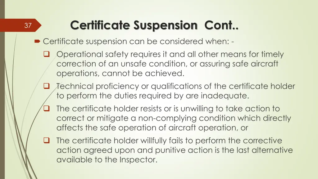 certificate suspension cont