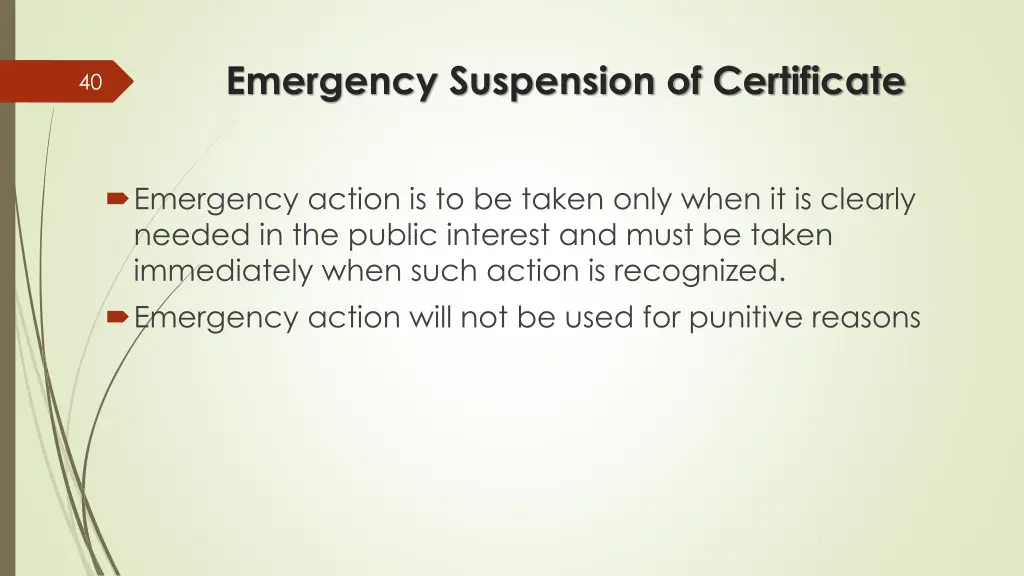 emergency suspension of certificate