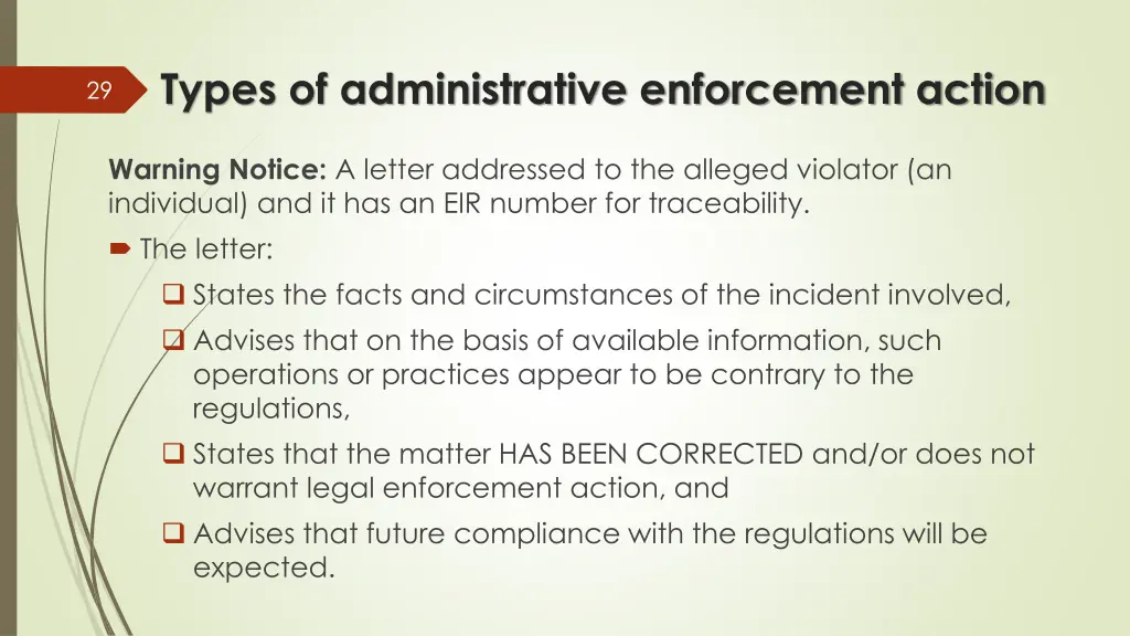types of administrative enforcement action