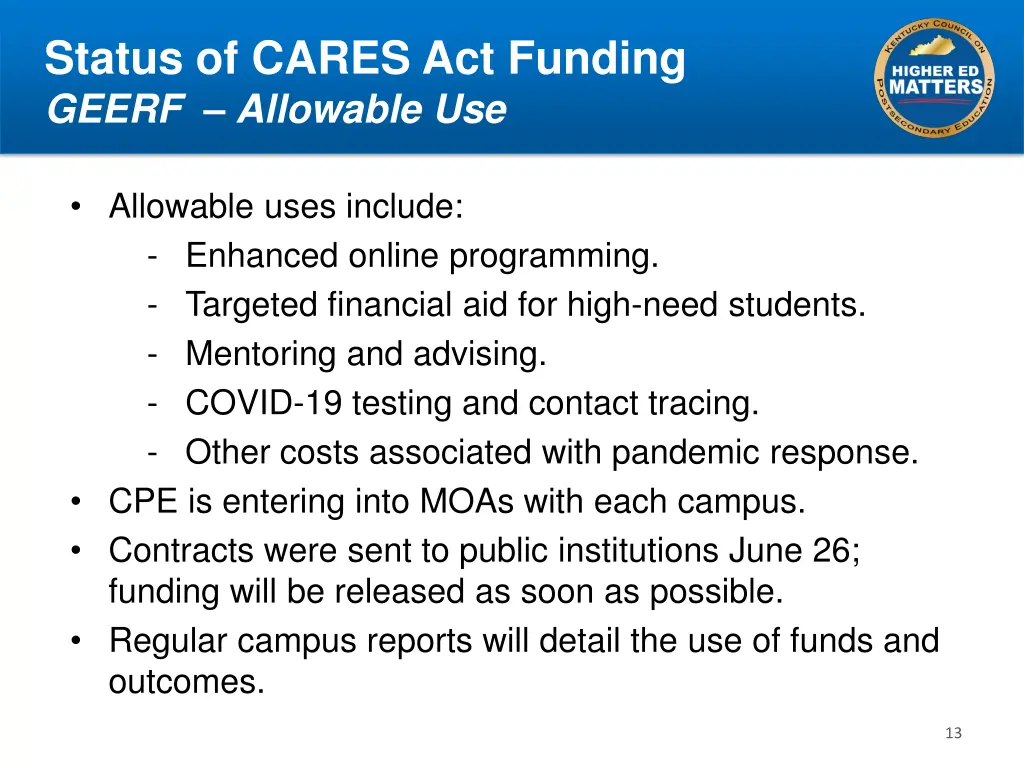 status of cares act funding geerf allowable use