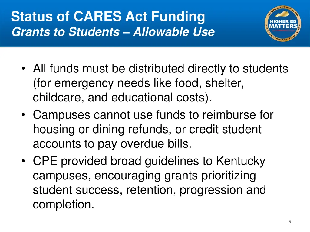 status of cares act funding grants to students