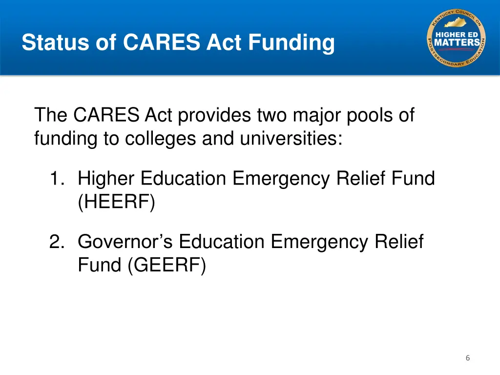 status of cares act funding