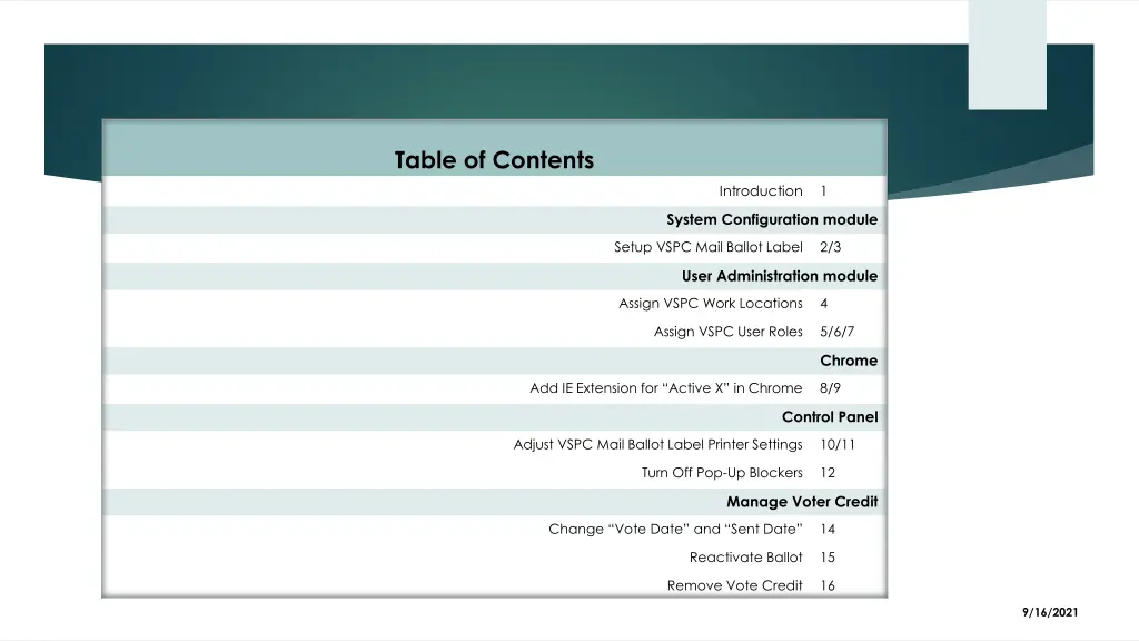 table of contents