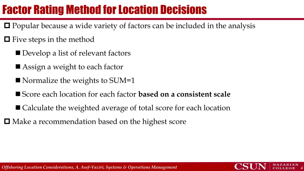 factor rating method for location decisions