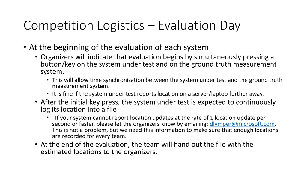 competition logistics evaluation day 1
