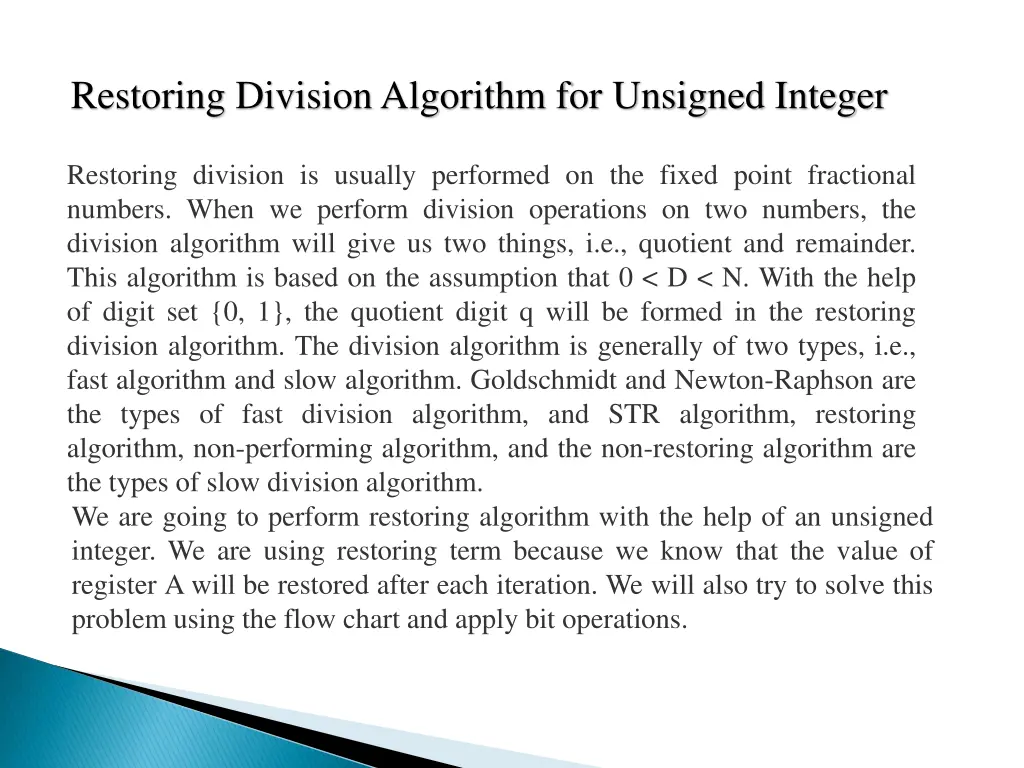 restoring division algorithm for unsigned integer