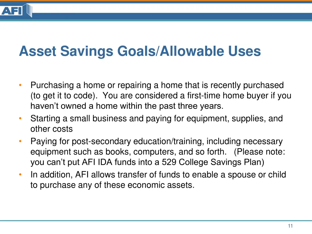 asset savings goals allowable uses