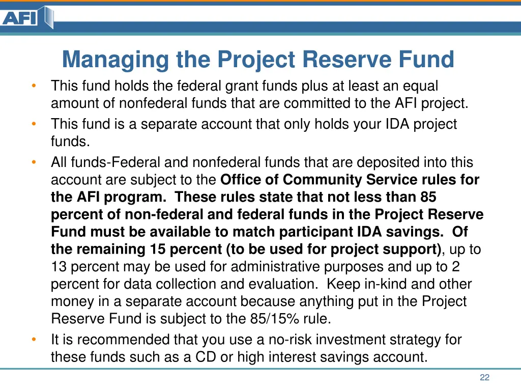 managing the project reserve fund this fund holds