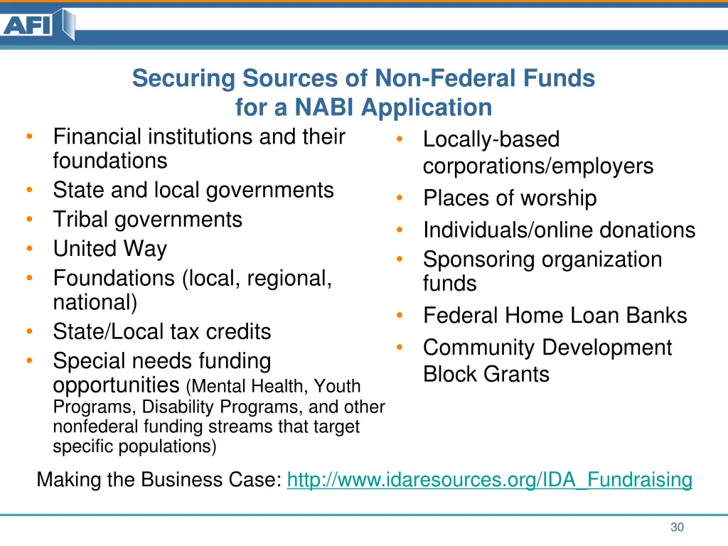 securing sources of non federal funds for a nabi