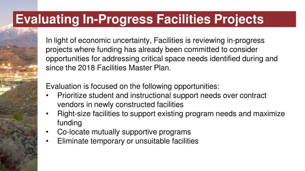evaluating in progress facilities projects