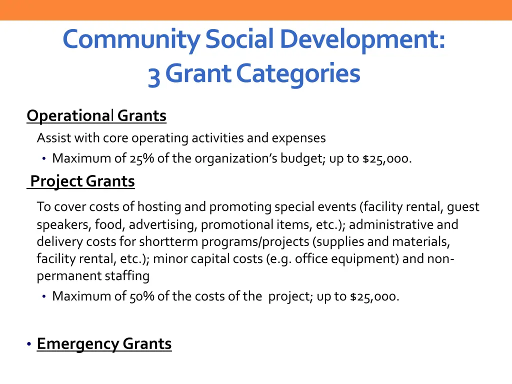 community social development 3 grant categories