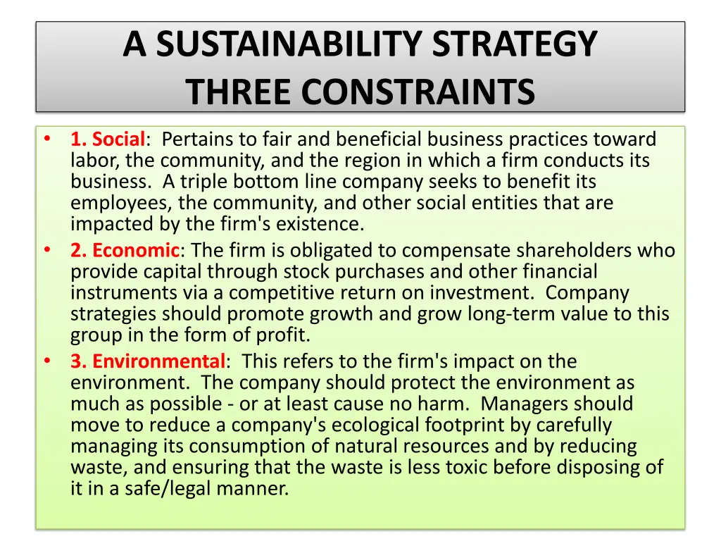 a sustainability strategy three constraints