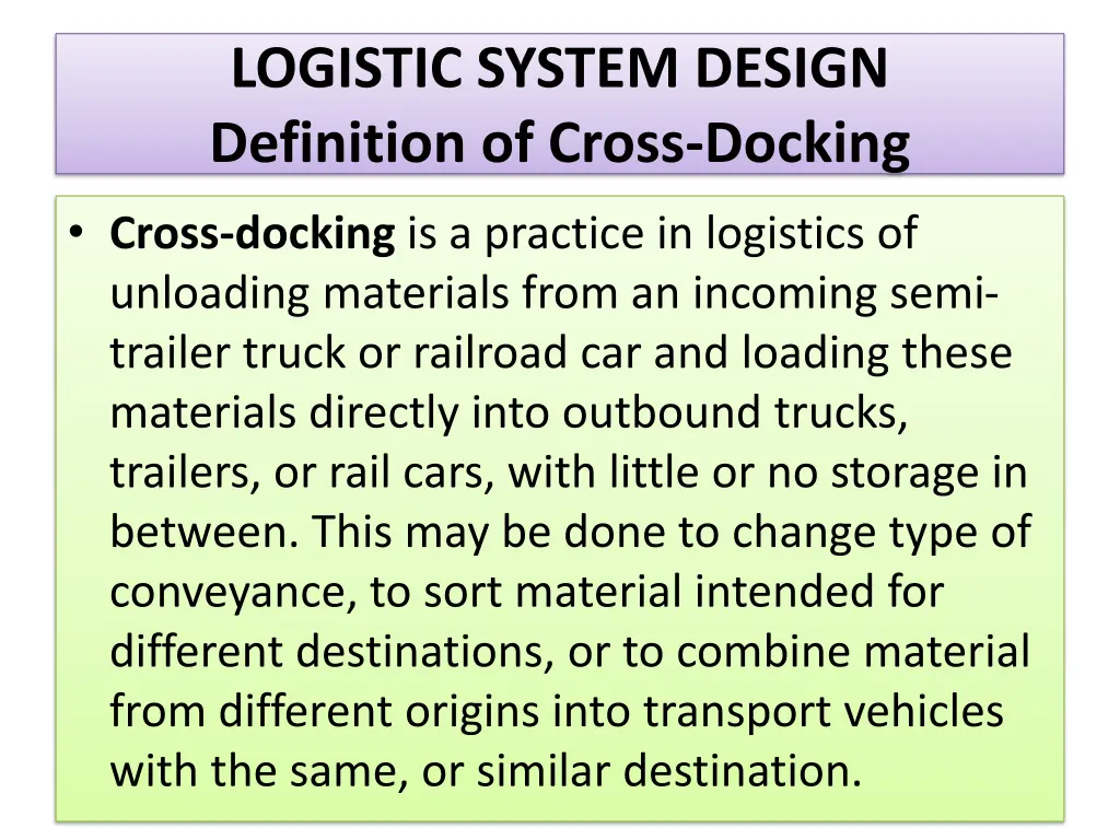 logistic system design definition of cross docking