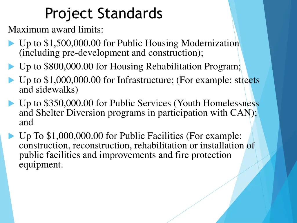 project standards maximum award limits