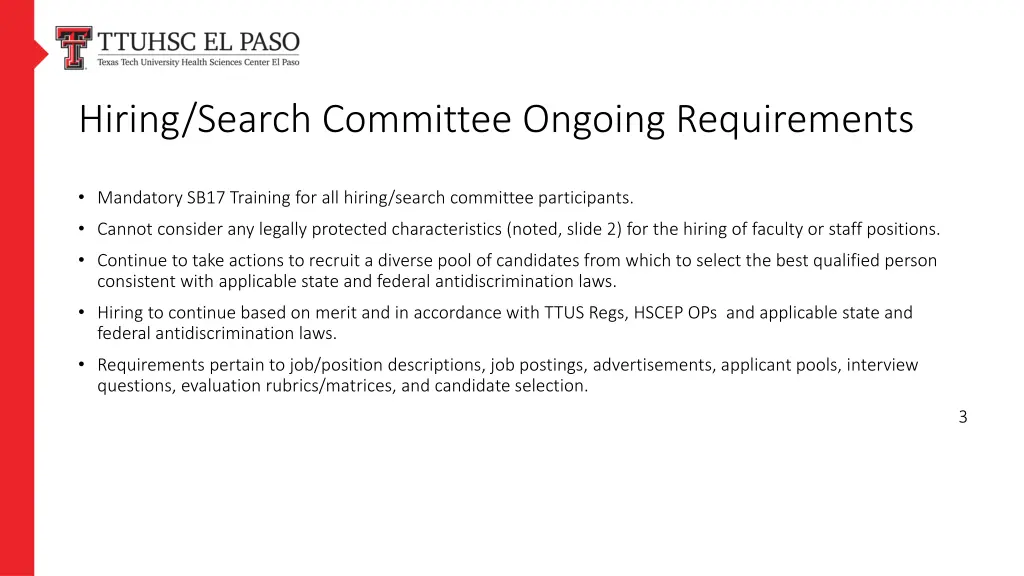 hiring search committee ongoing requirements