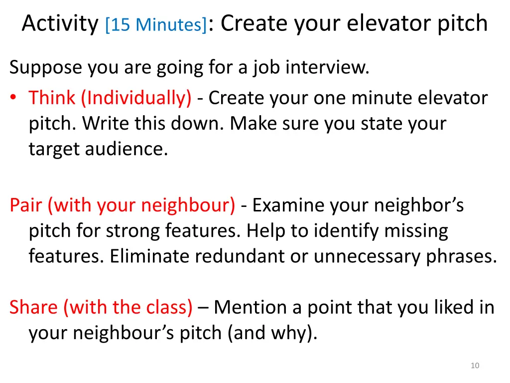 activity 15 minutes create your elevator pitch