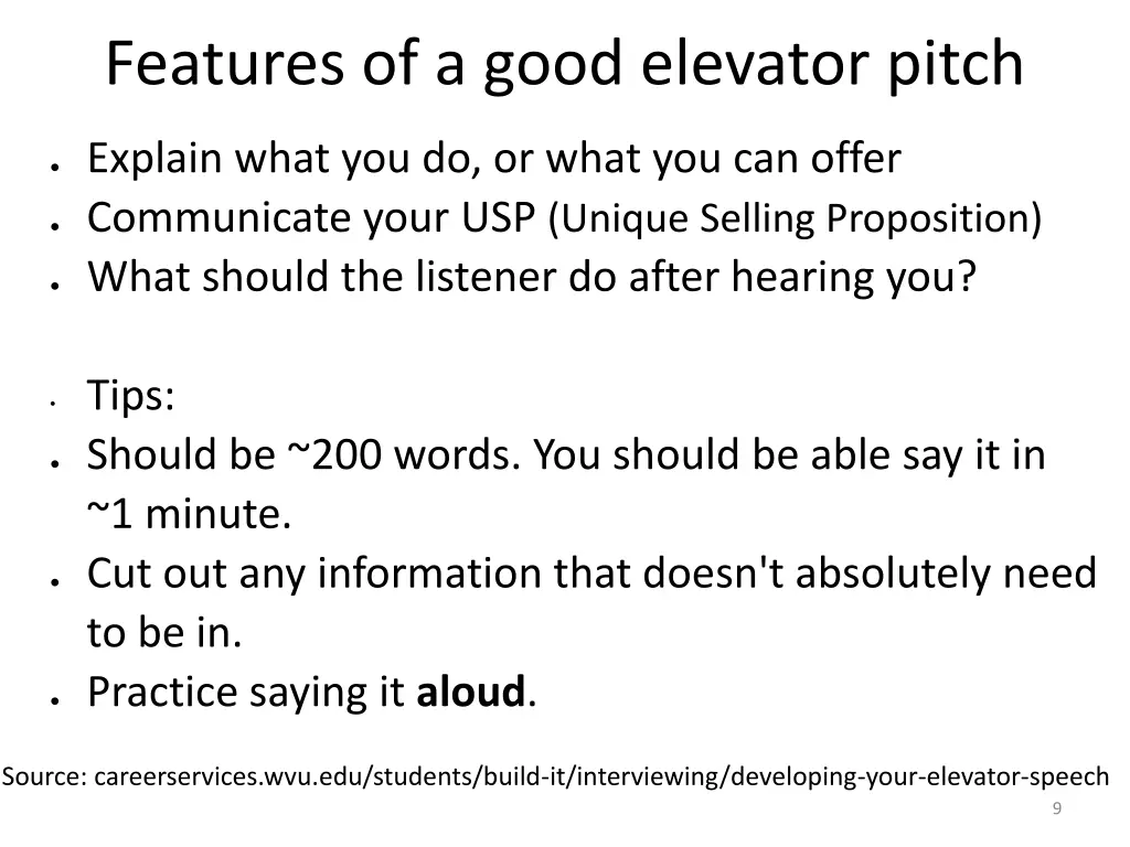 features of a good elevator pitch