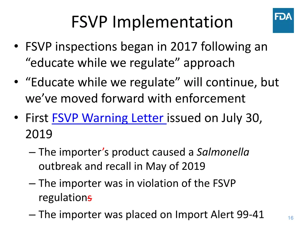 fsvp implementation fsvp inspections began
