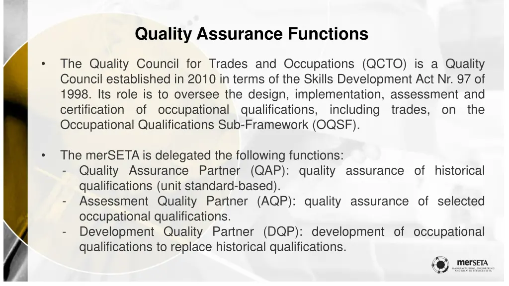 quality assurance functions