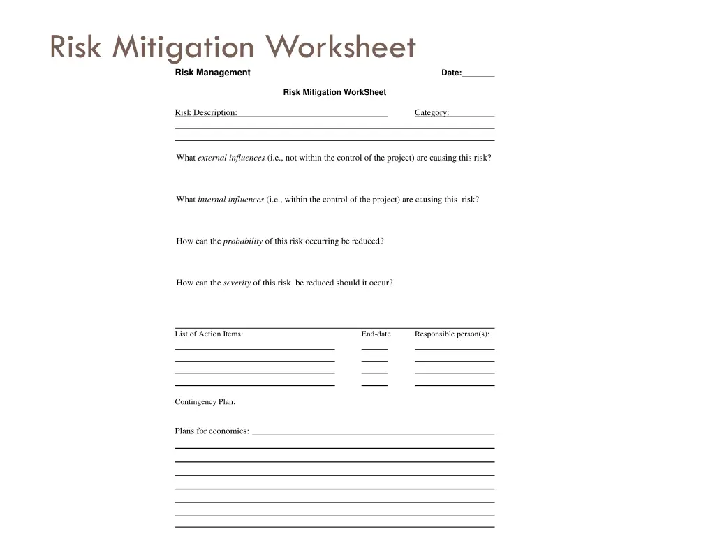 risk mitigation worksheet risk management