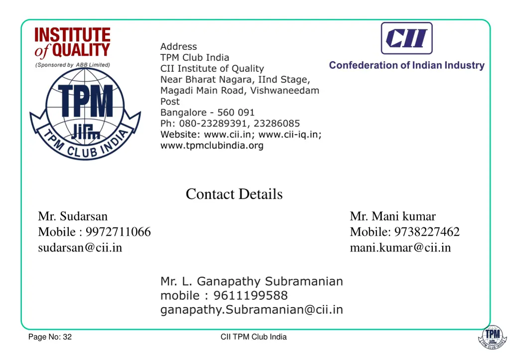 address tpm club india cii institute of quality