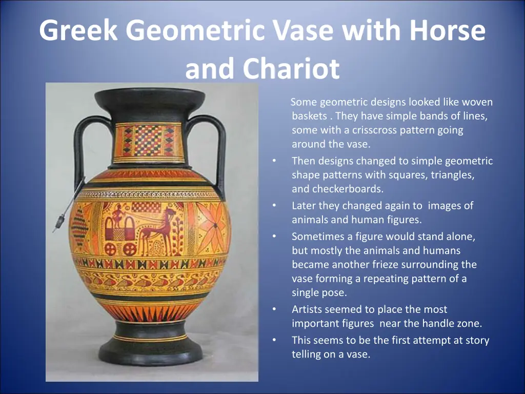 greek geometric vase with horse and chariot