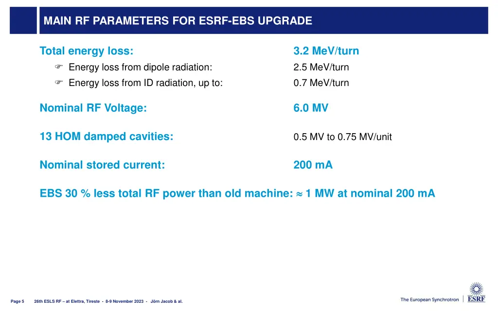 main rf parameters for esrf ebs upgrade