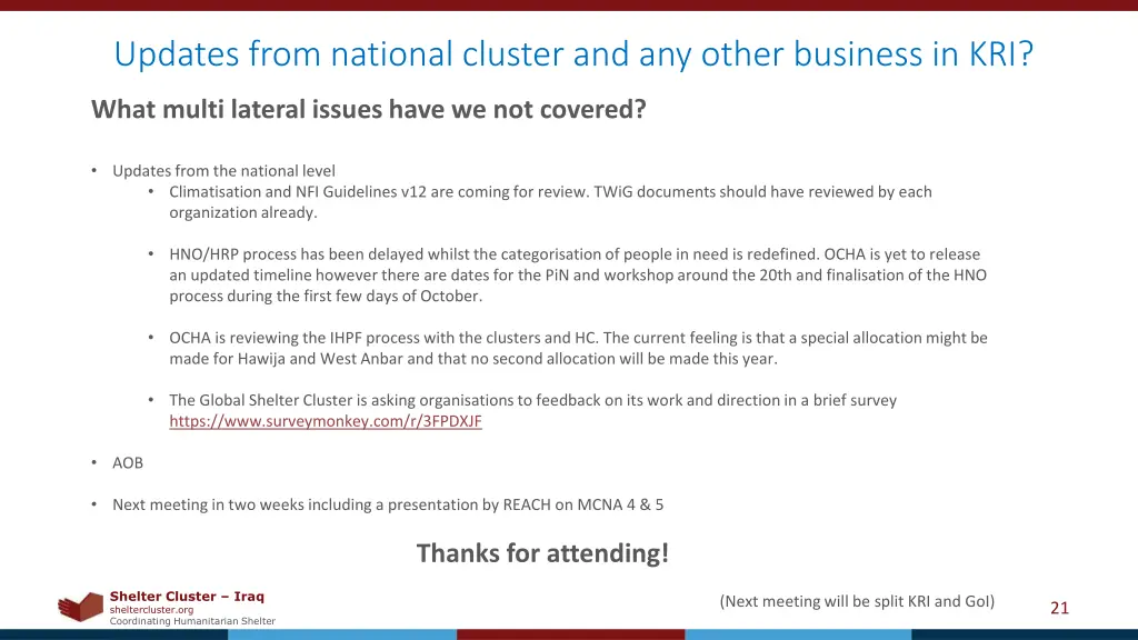 updates from national cluster and any other