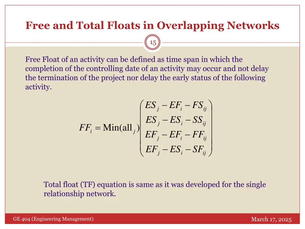 free and total floats in overlapping networks