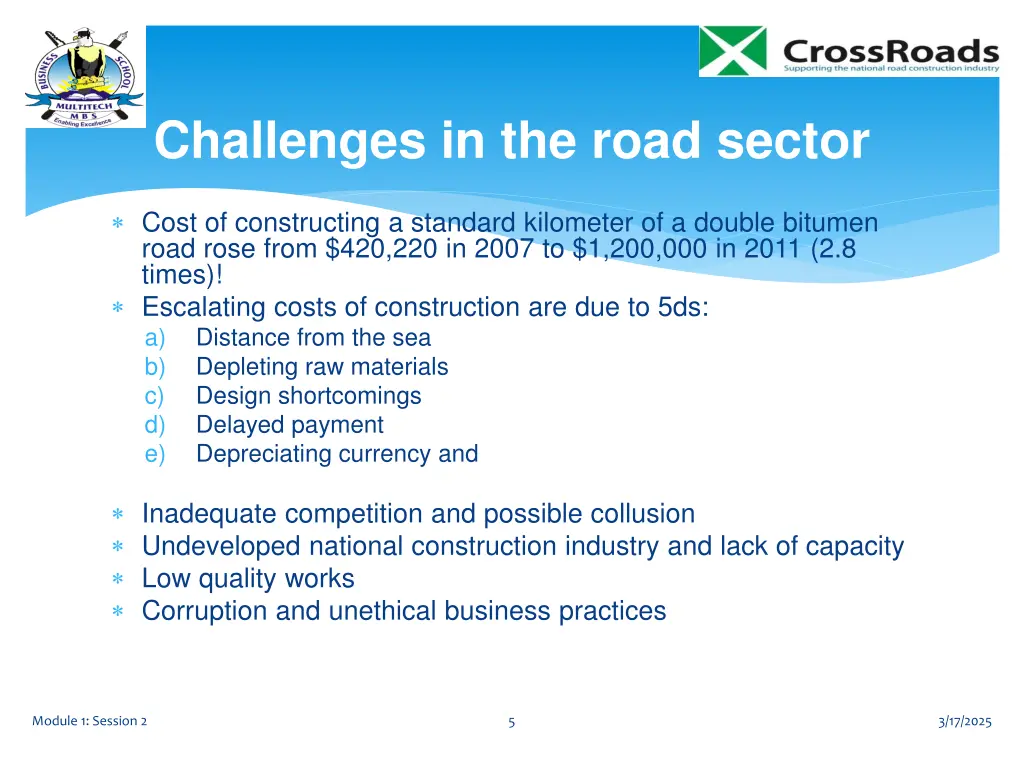 challenges in the road sector